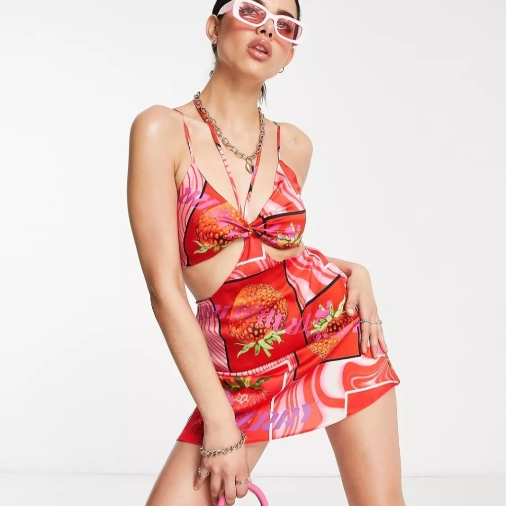 Asos Halter Cut Out Satin Mini Dress in Strawberry Print Size 6
